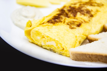 Amazing breakfast with tasty omelet, tomatoes, cheese, bread and sauce on the white plate. Delicious omelet made like rolle, other ingredients. Tasty and diet food. Healthy meal for breakfast or lunch