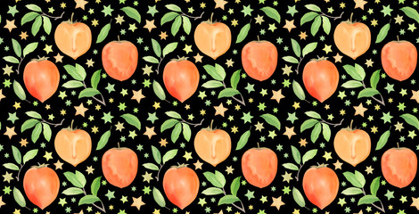Watercolor seamless pattern of persimmon and stars on black