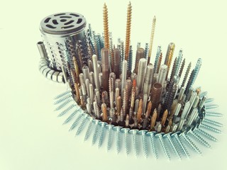 composition of zi metal bolts, screws and shredding in the form of an abstract city in a macro photo on a white background