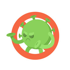 Stop coronavirus symbol. Green cartoon coronavirus monster on red stop sign. Flat vector illustration, isolated on white background.