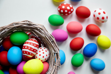 basket with colorful decoreted Easter Eggs, Easter Day,