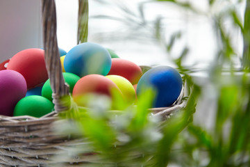 Easter Day, basket with colorful Easter Eggs
