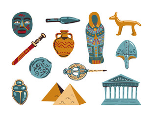 Set of exhibits isolated on white background. Historical museum. Ancient artifacts. Greece, Egypt, Old Rome. Collection of museum pieces. Vector illustration. Flat style.