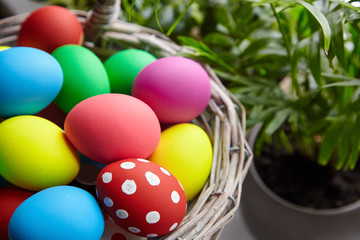 Easter Day, basket with colorful Easter Eggs