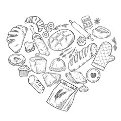 Bread hand drawn set illustration. Vintage watercolor pastry, desserts, cakes, wheat, flour fresh bread sketches for bakery shop or cafeteria. Vector graphic, stylized image set element for menu