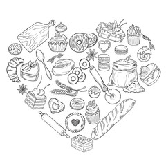 Bread hand drawn set illustration. Vintage watercolor pastry, desserts, cakes, wheat, flour fresh bread sketches for bakery shop or cafeteria. Vector graphic, stylized image set element for menu