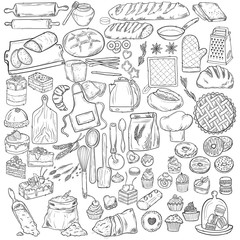 Bread hand drawn set illustration. Vintage watercolor pastry, desserts, cakes, wheat, flour fresh bread sketches for bakery shop or cafeteria. Vector graphic, stylized image set element for menu