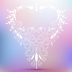 Hand drawn openwork heart with floral elements on pastel multi color gradient background. Romantic illustration for design Birthday, Valentines Day, Womens day card, invitation, fabric, textile.