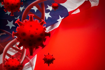 usa america flag with covid-19 structure coronavirus crisis outbreak biohazard cell atom disease...