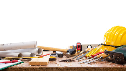 Close-up. Carpenter's workbench  with tools for woodworking. Construction industry. Isolated on a...