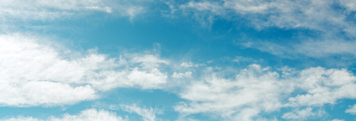 A panoramic view od daylight and over all clouds under the blue sky, Sky and clouds banner, wallpaper concept.