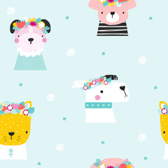 Seamless pattern with funny dogs. Pastel childish print. Vector hand drawn illustration.