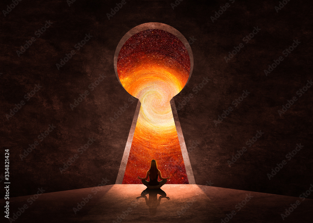 Wall mural woman in front of key hole with universe behind