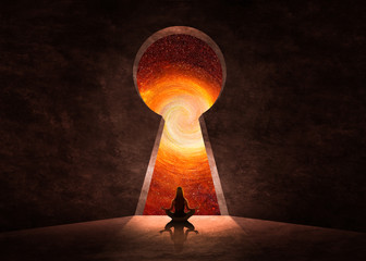 Woman in front of key hole with universe behind