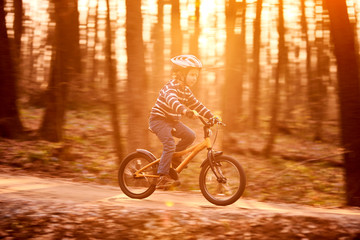 Fototapeta na wymiar 6 year old boy riding bike at sunset in the forest, motion blur