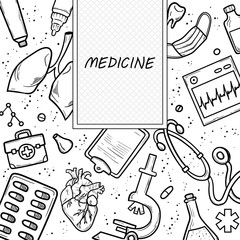 Healthcare and Medicine Vector illustration. Hand Drawn Doodle Medical Products and Devices Background