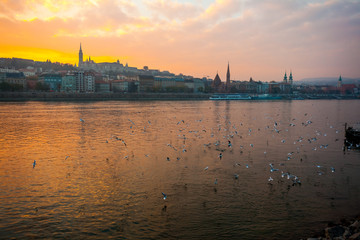 Obraz premium Danube river and historic buildings at sunset in Budapest, Hungary