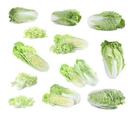 Set of fresh ripe Chinese cabbages on white background