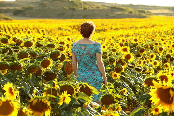 Fototapeta premium woman in blue dress happily walking through a yellow field ofsunflowers