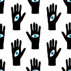 Obraz premium Trendy seamless pattern with hand drawn magic elements as hand with the eye