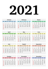 Calendar for 2021 isolated on a white background