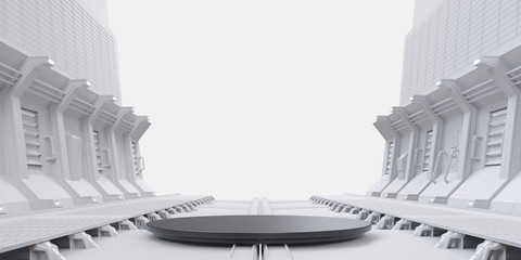 Futuristic sci-fi white corridor with podium mock up for product commercial advertising. Modern Future background style, . 3d rendering © sarawut795