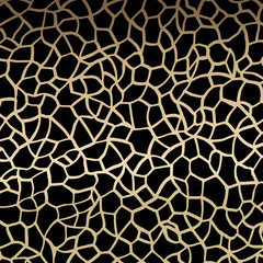 Abstract geometric colorful vector  stained-glass mosaic background on black background. Gold grid. Template design for poster, banner, card. Golden vector illustration. 