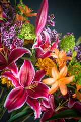 Obraz na płótnie Canvas flowerdesign with viburnum, hydrangea and pink and orange lilies