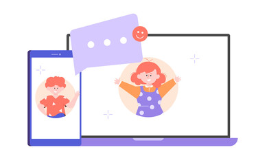 Boy and girl talk online. Video call, chat, comments. Children's communication on social networks. Smartphone and laptop. Vector flat illustration.