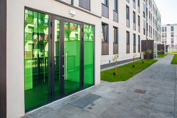 Closeup of entrance to modern apartment building
