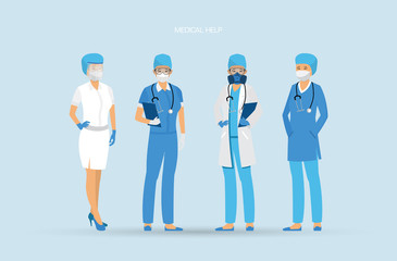 Set of doctors with different protection against the virus. The fight against coronovirus. Coronavirus (2019-nCoV). Virus Covid 19-NCP.