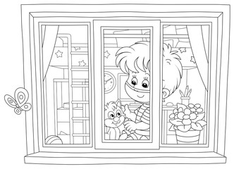 Quarantine at home, a cheerful little boy wearing a protective mask, playing with a cute small kitten on a windowsill in a nursery room, black and white vector cartoon illustration