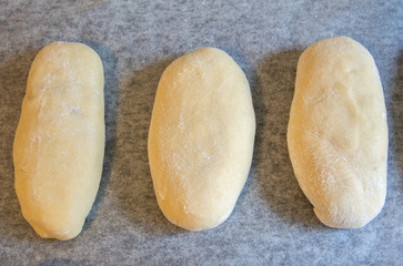 Traditional russian patties made of raw dough with apple filling prepared for baking
