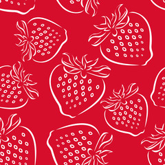 Strawberry outline seamless pattern on red background. Simple vector monochrome illustration of berries. 