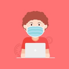 Fototapeta na wymiar Man in medical mask working on his laptop flat Vector illustration . Office worker works on quarantine at home to avoid disease. Freelancer or remote worker concept. Vector illustration 