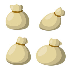 Set of Old bag. Cartoon flat illustration. Element of village and of the middle ages. Storage and packing of cargo and grain. sack package for things. County Gray Burlap with rope