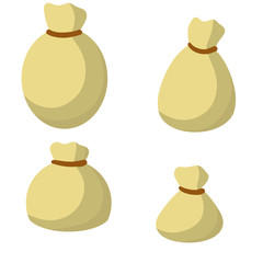 Set of Old bag. Cartoon flat illustration. Element of village and of the middle ages. Storage and packing of cargo and grain. sack package for things. County Gray Burlap with rope