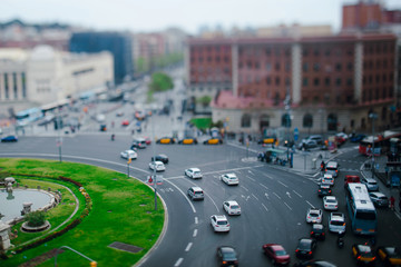 Top view of Barcelona road ring with cars, buses, taxis and people. Big city traffic