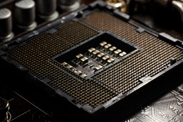 Close-up of modern CPU socket motherboard.