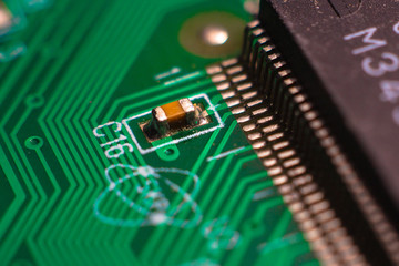Close-up of modern PC motherboard components.