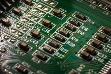 Close-up of modern PC motherboard components.