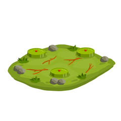 Minefield. Set of mines on ground. Rocks and grass. Modern warfare landscape. Explosive element of war. Cartoon flat illustration. Green lawn with bombs