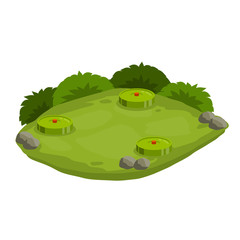 Minefield. Set of mines on ground. Rocks and grass. Modern warfare landscape. Explosive element of war. Cartoon flat illustration. Green lawn with bombs