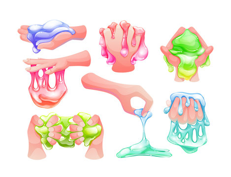 Funny colorful cartoon homemade slime holding in the hand. Goo blob splashes, sticky dripping mucus, slimy drops. Glossy goo lilac, pink, green and blue slime blots. Vector illustration isolated.