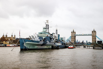 HMS Belfast and Tower Bridge from the London Bridge, on November, 2019
