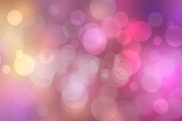 Abstract gradient purple pink yellow background texture with blurred bokeh circles and lights. Space for design. Beautiful backdrop illustration.