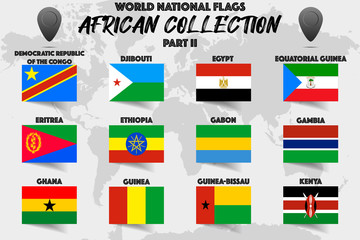 Set of realistic official world national flags, waving edition. isolated on map background. Objects, icons and symbol for logo, design. African Collection. Djibouti, Egypt, Gabon, Gambia, Ghana, Gabon