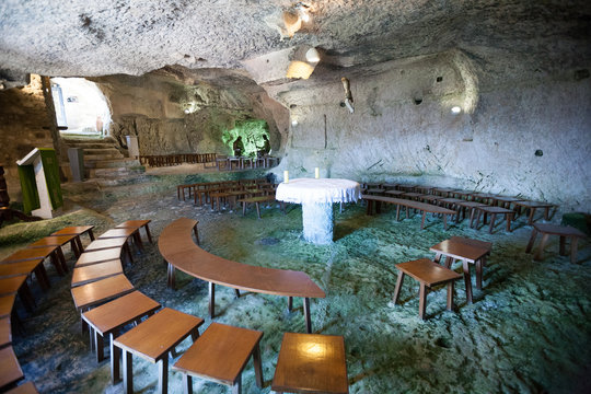 rock church  in Pietracupa, Campobasso, Molise. Panorama. The village was built on a huge limestone formation, called Morgia. The Morge of Molise