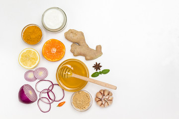Set of products of citrus, ginger, honey, garlic, onions yogurt for natural protection against the virus.