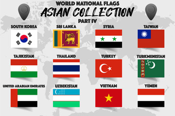 vSet of realistic official world national flags, waving edition. isolated on map background. Objects, icons and symbol for logo, design. Asian Collection. Syria, Taiwan, Vietnam, Thailand, Yemen